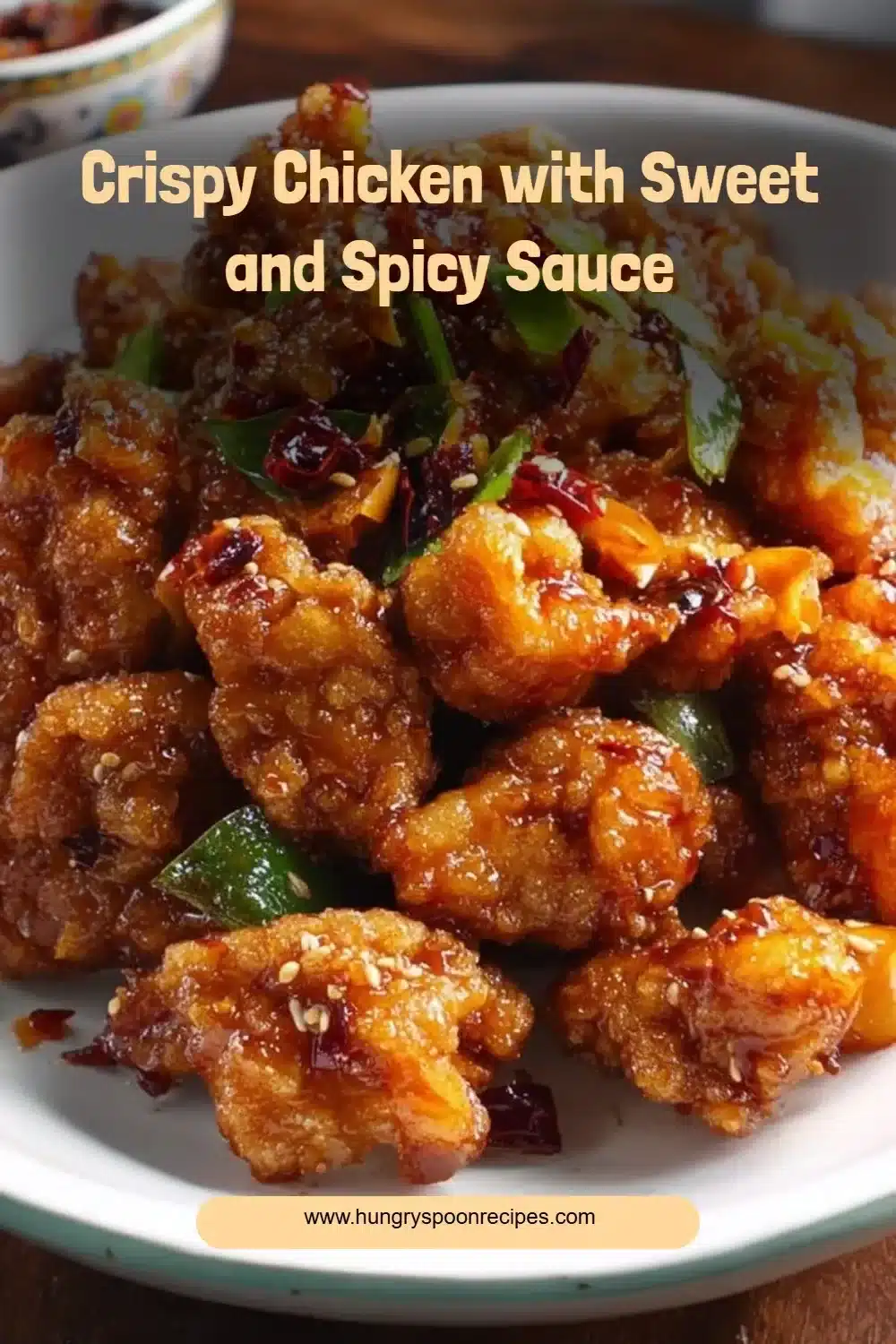 Crispy chicken drizzled with sweet and spicy sauce on a plate