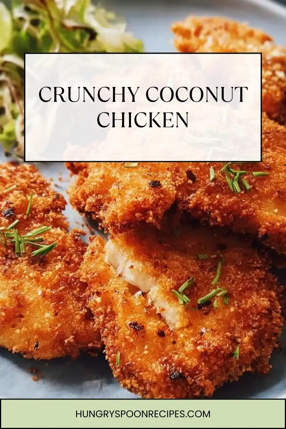 Plate of Crunchy Coconut Chicken with dipping sauce and garnished with herbs