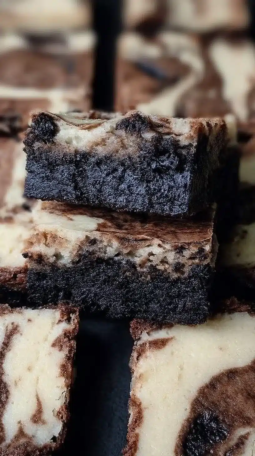 Delicious dark chocolate cheesecake brownies on a white plate.