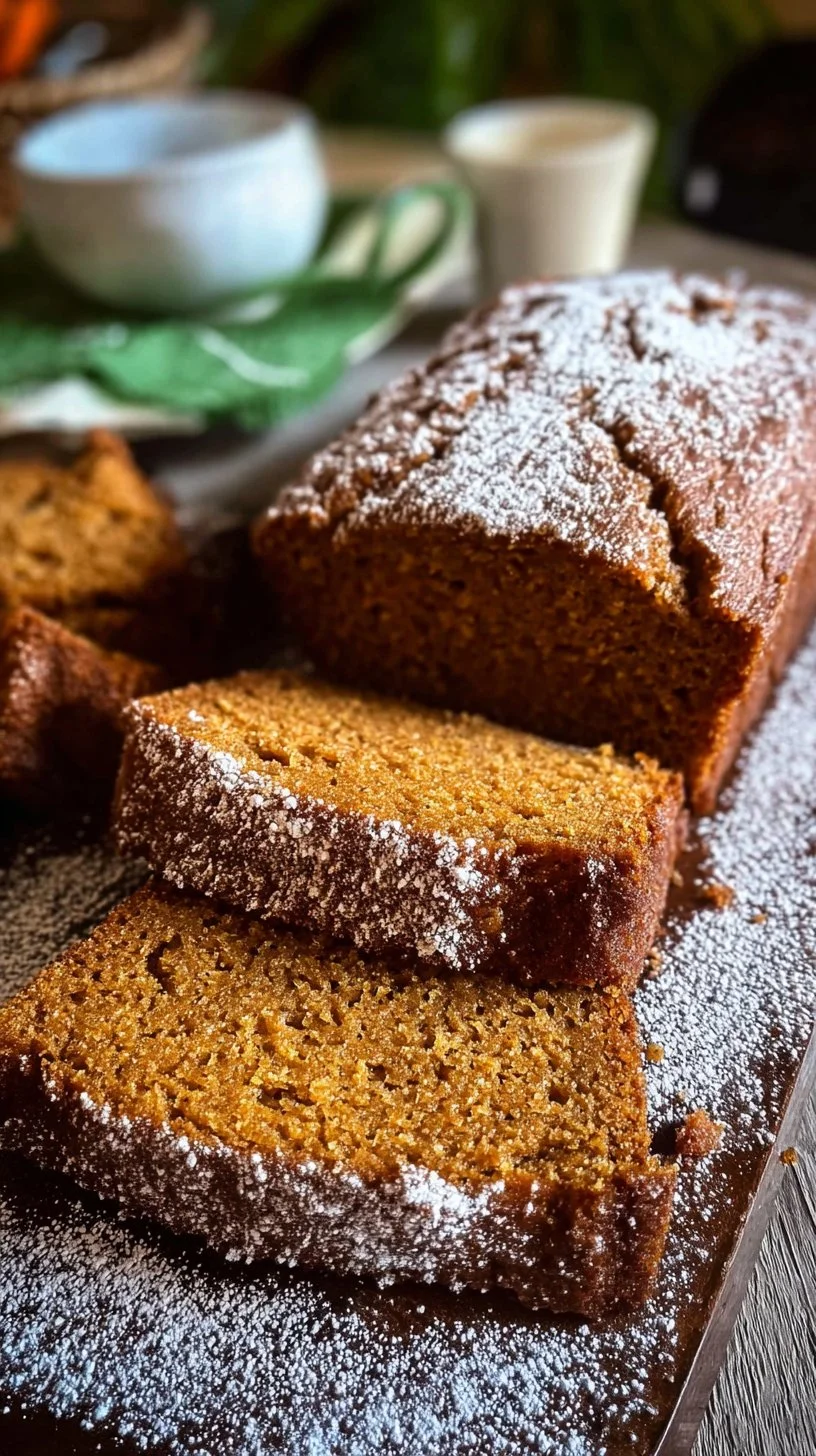 Loaf of delicious homemade pumpkin bread on a wooden table