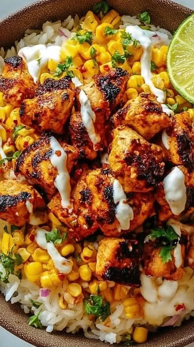 Delicious street corn chicken rice bowl garnished with fresh ingredients.