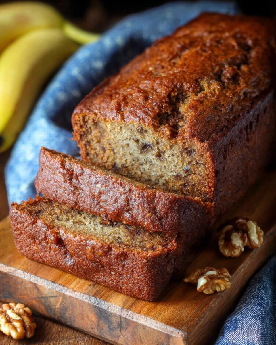 Slice of double banana nut bread with walnuts and banana garnish