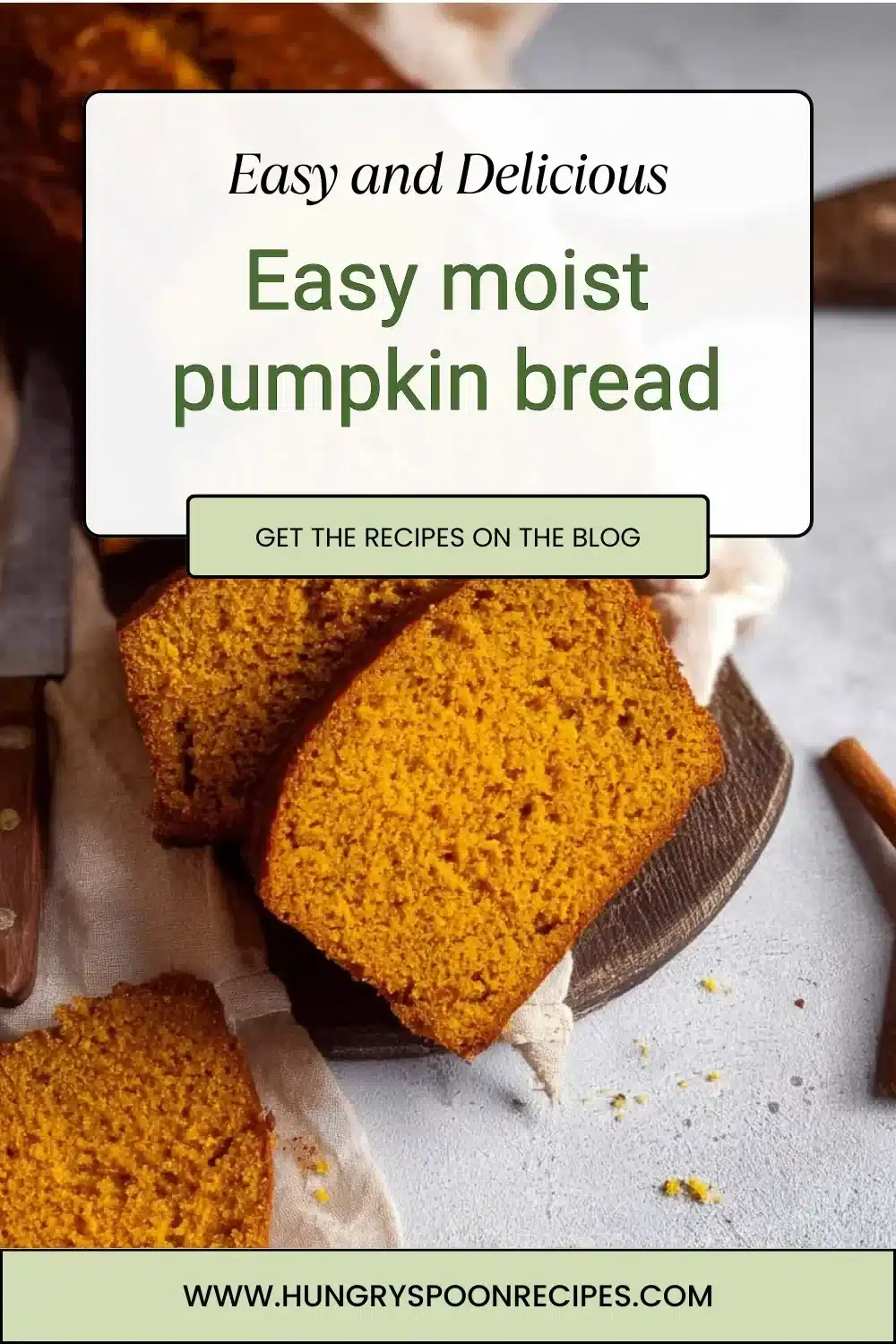 A freshly baked slice of easy moist pumpkin bread with spices and a golden crust.