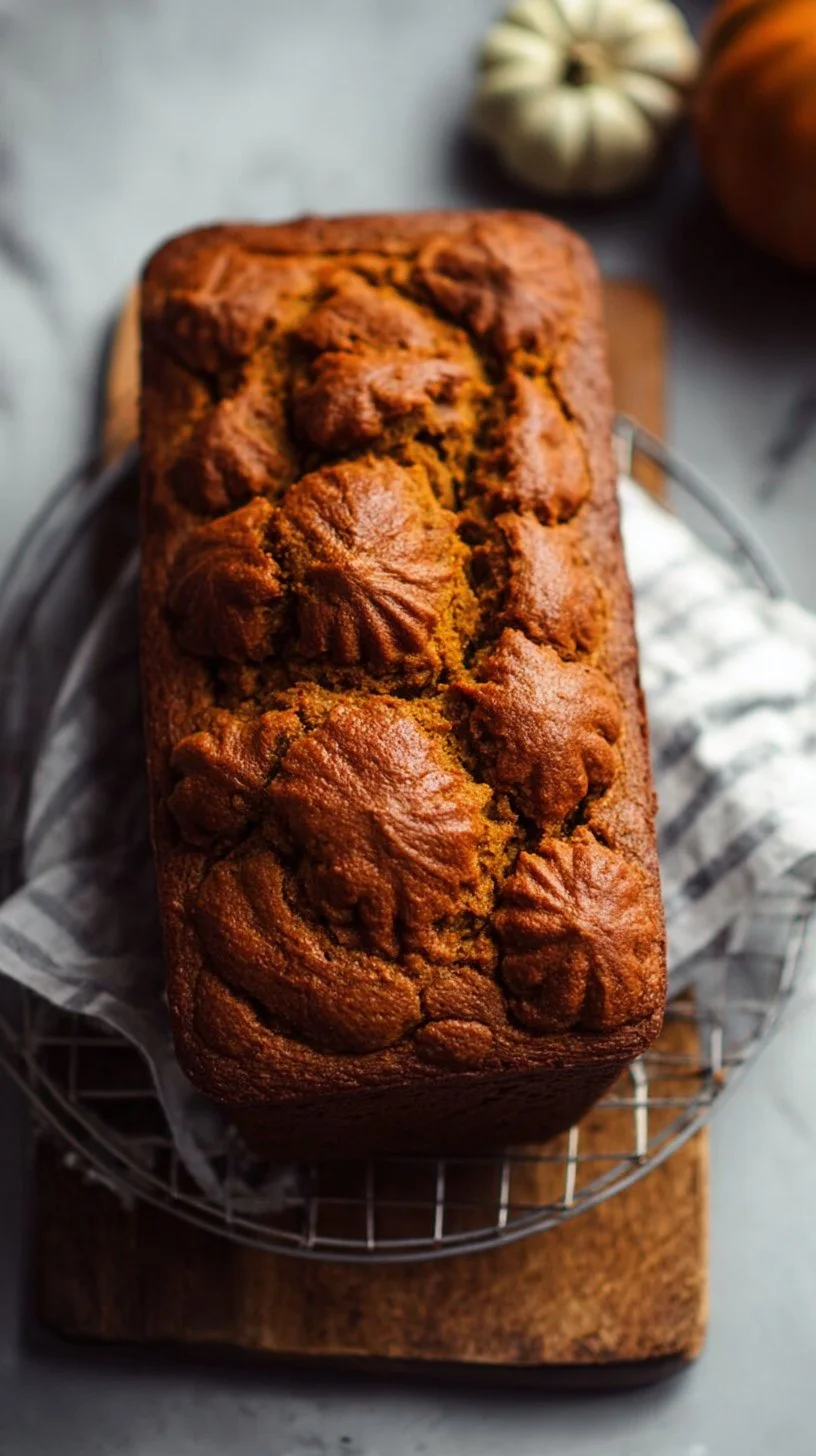 Loaf of easy pumpkin bread on a rustic wooden table