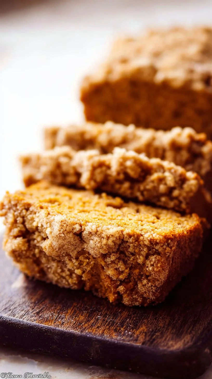 Slice of easy pumpkin bread with crumb topping on a wooden board