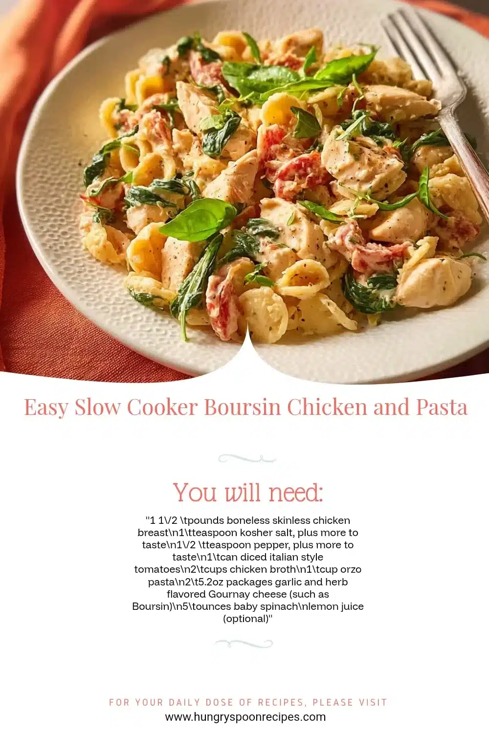 Easy Slow Cooker Boursin Chicken and Pasta dish served on a plate