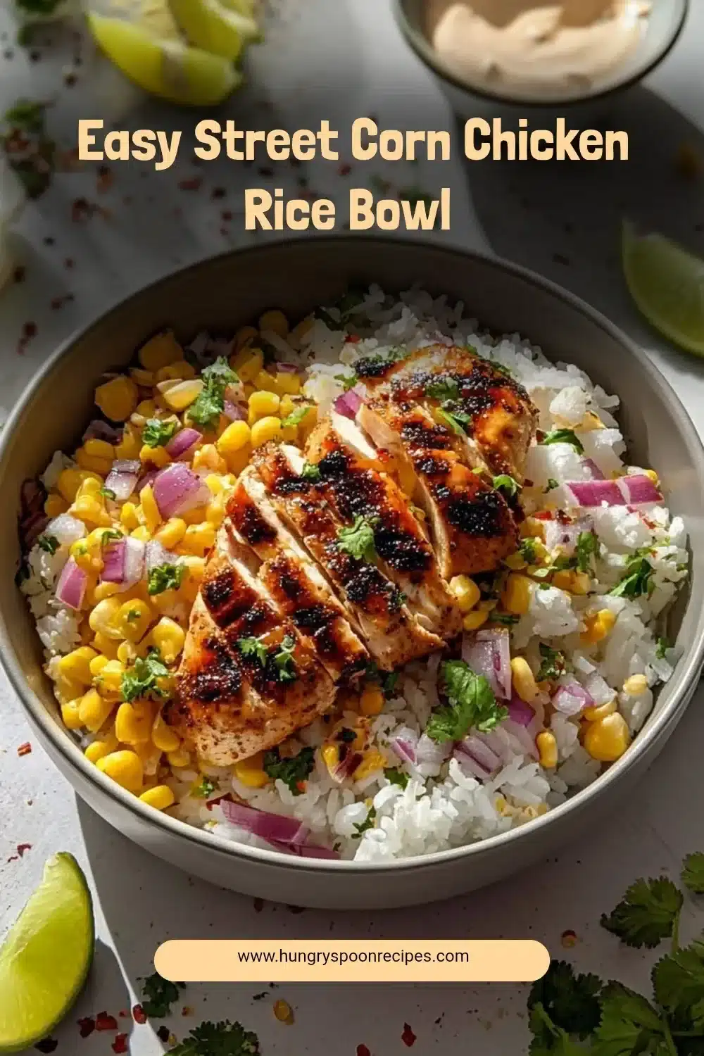 Easy Street Corn Chicken Rice Bowl with vibrant corn and chicken toppings