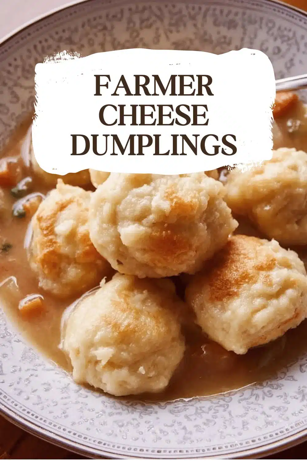 Farmer Cheese Dumplings 1 Plate of homemade farmer cheese dumplings drizzled with sauce.