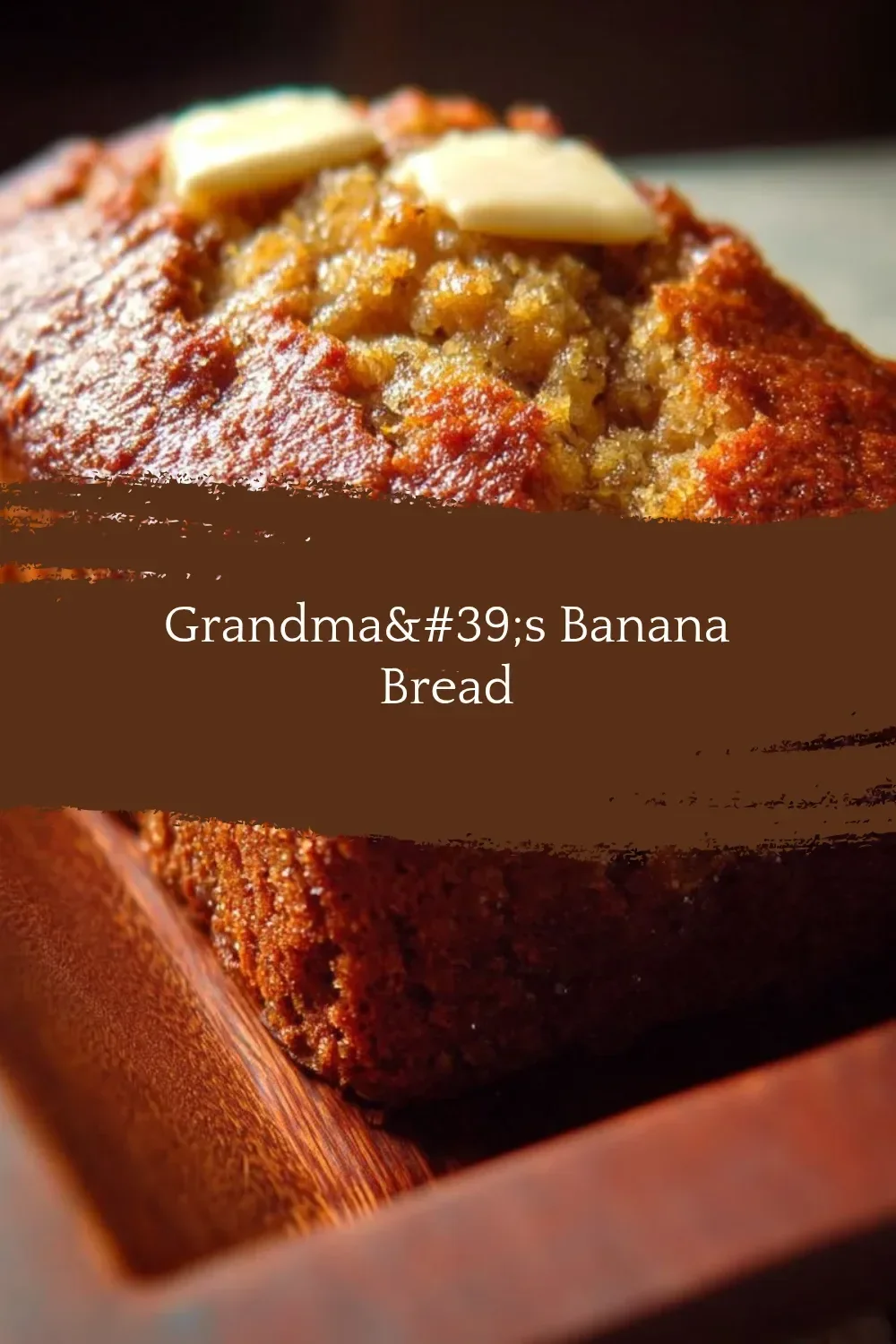 Freshly baked Grandma's banana bread on a wooden table with a vintage knife