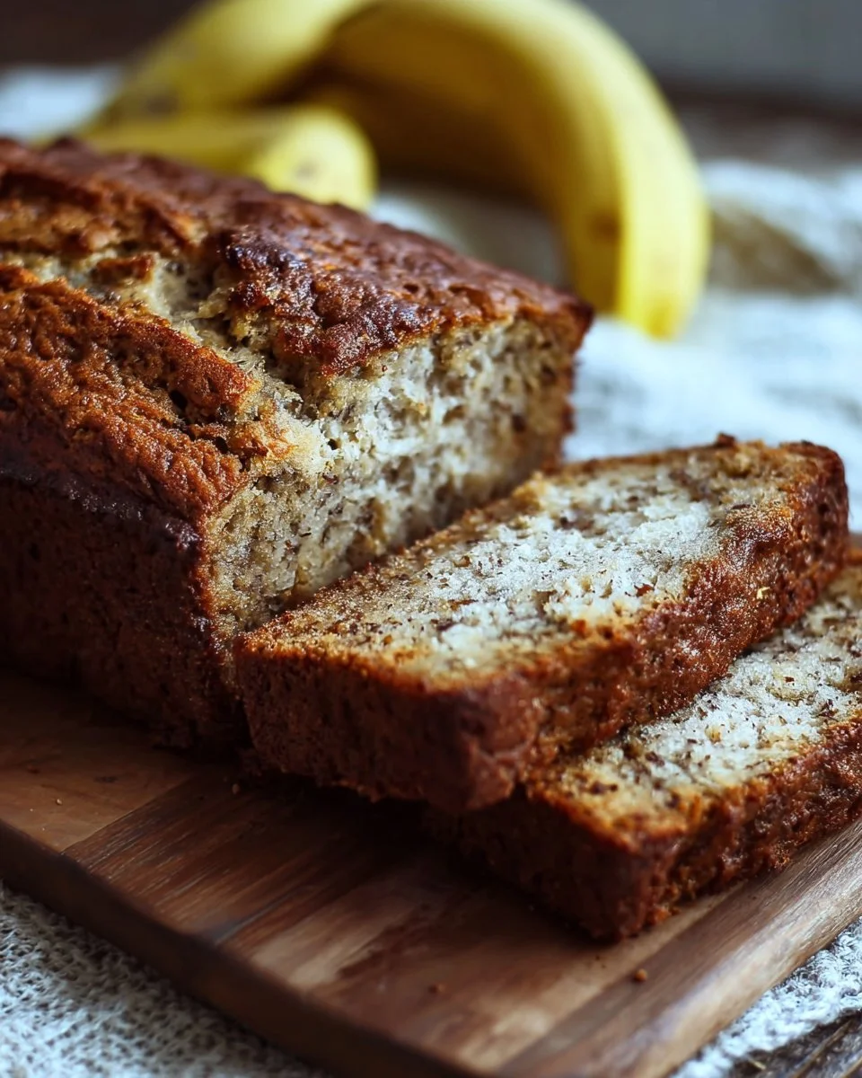Loaf of grandma's homemade banana bread on a wooden cutting board
