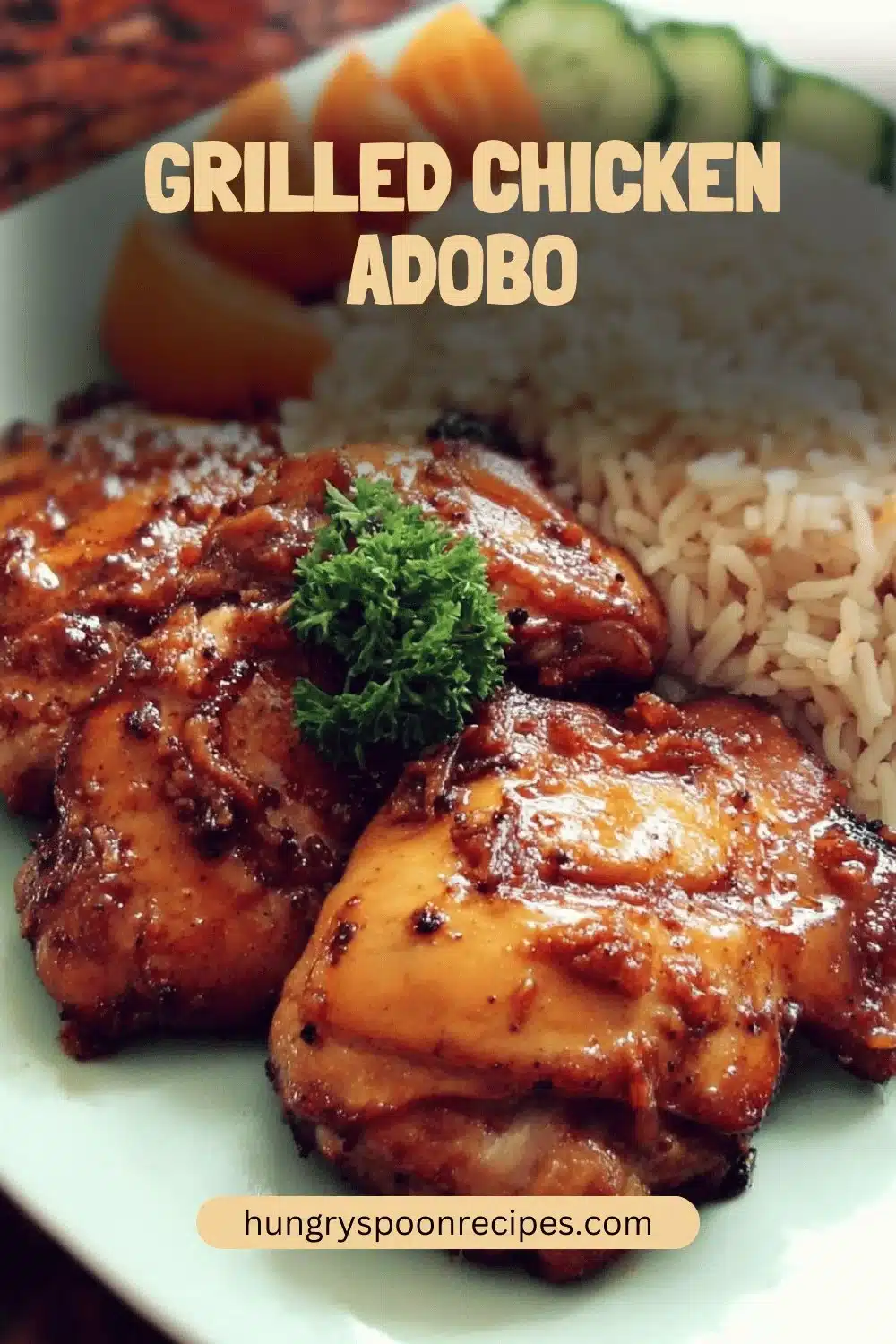 Grilled Chicken Adobo 1 Grilled Chicken Adobo garnished and served on a plate