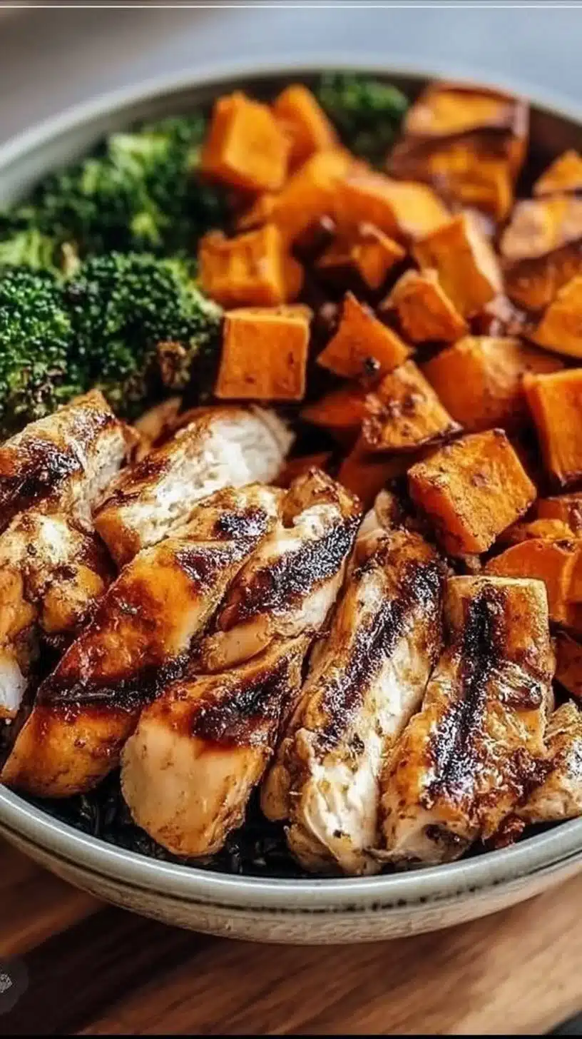 Grilled Chicken served in a delicious Sweet Potato Bowl with vibrant vegetables