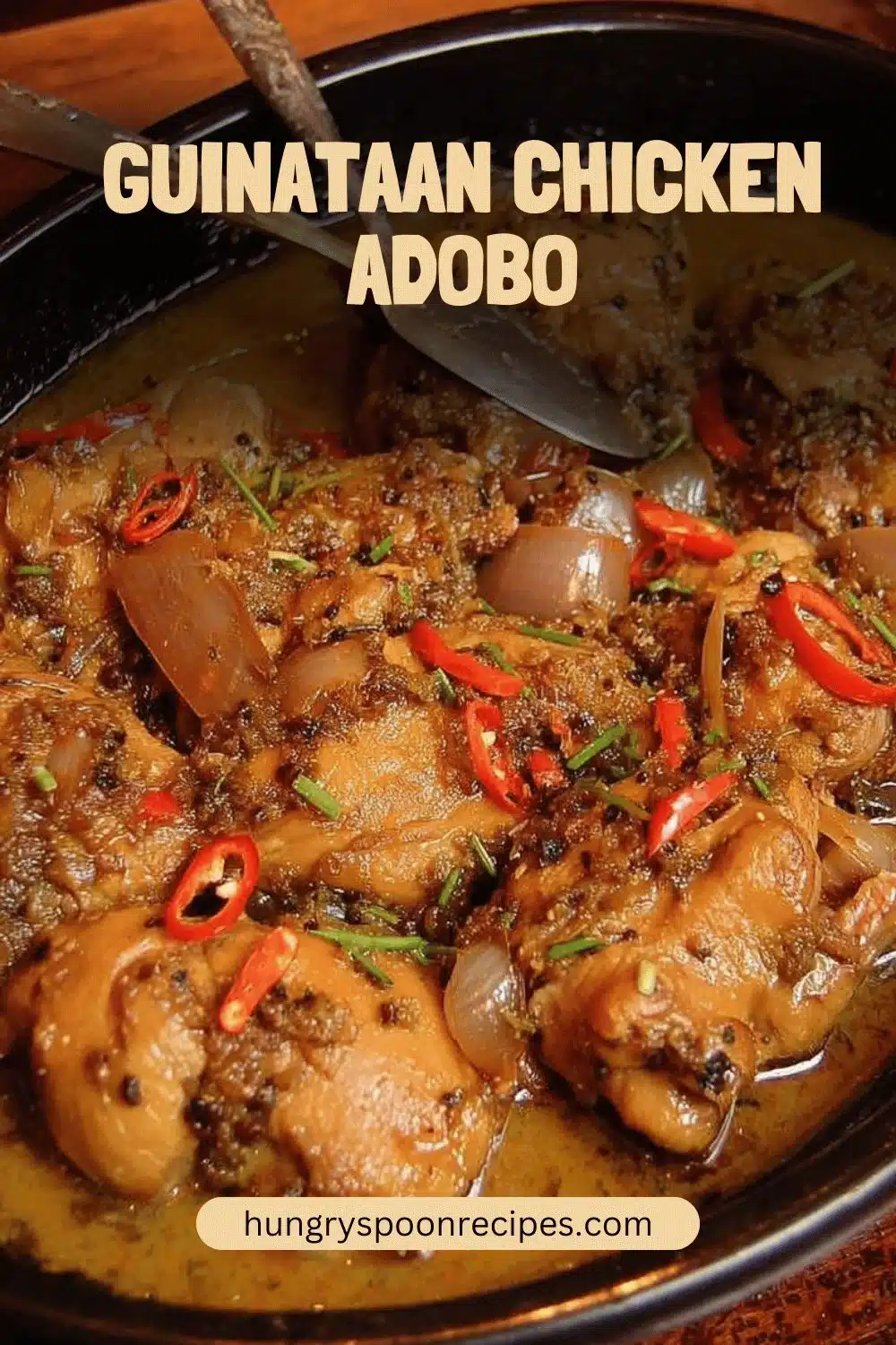 Delicious Guinataan Chicken Adobo served in a bowl with coconut milk and spices.
