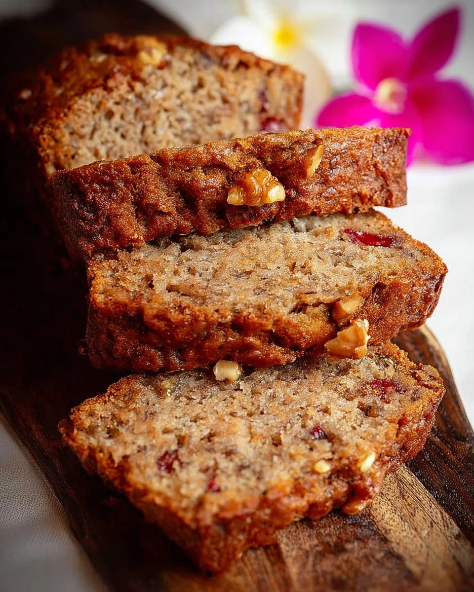 Sliced Hawaiian banana nut bread topped with nuts and tropical ingredients