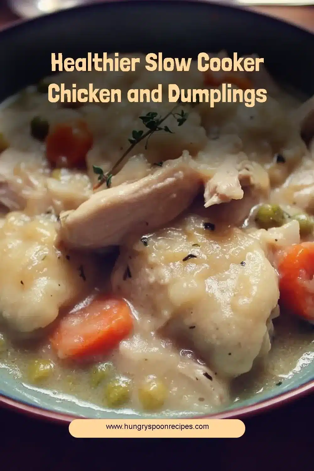 Healthy slow cooker chicken and dumplings dish garnished with herbs