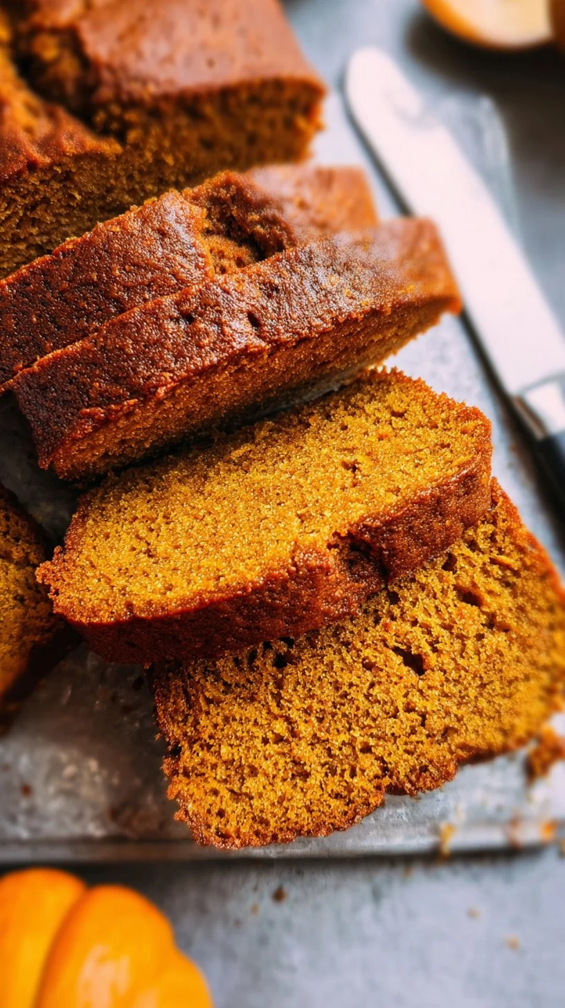 Slices of healthy pumpkin bread on a wooden plate with spices
