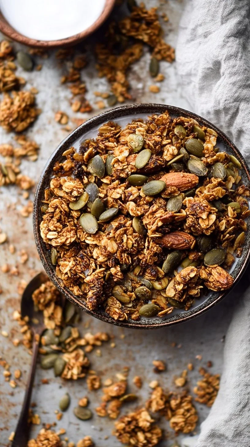 Bowl of healthy pumpkin seed granola with nuts and dried fruits