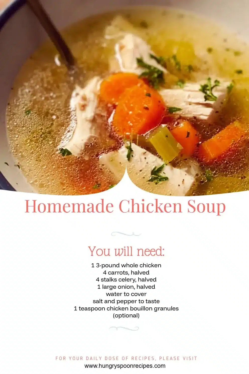 A bowl of homemade chicken soup with vegetables and herbs