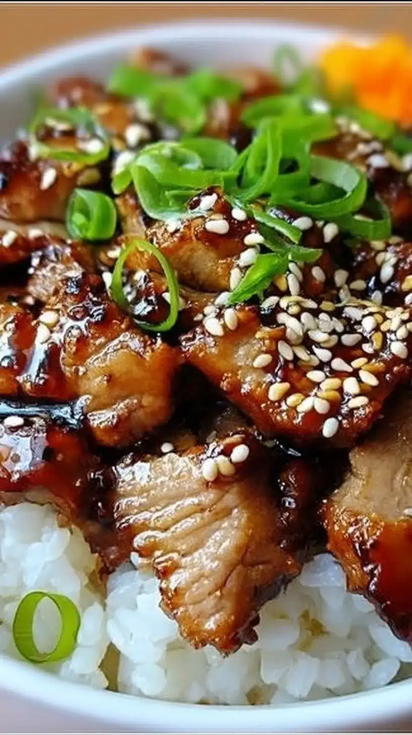 Honey Garlic Pork Rice Bowl 1 Delicious Honey Garlic Pork Rice Bowl topped with green onions and sesame seeds
