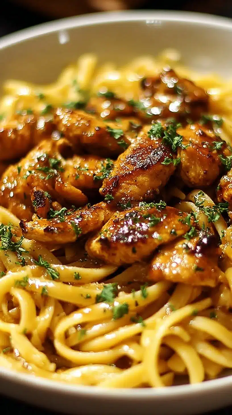 Honey Pepper Chicken Pasta 1 Plate of Honey Pepper Chicken Pasta garnished with herbs and chili flakes