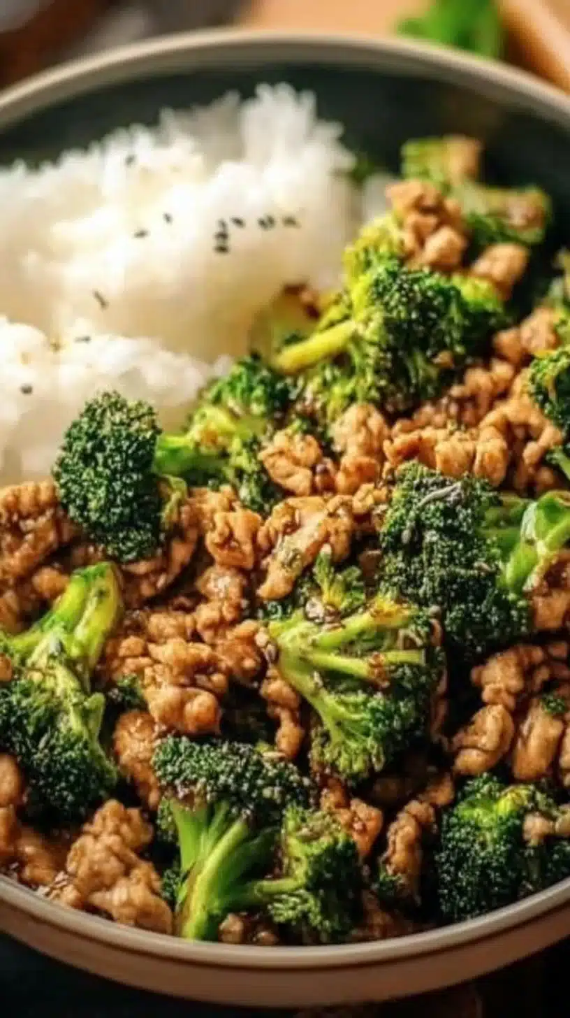 Honey Sriracha Ground Chicken and Broccoli 1 Honey Sriracha Chicken with broccoli in a vibrant dish