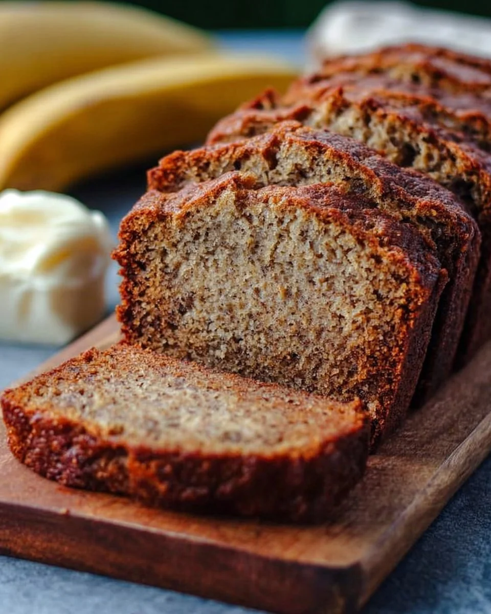 Sliced homemade banana bread with nuts and chocolate chips on a wooden table