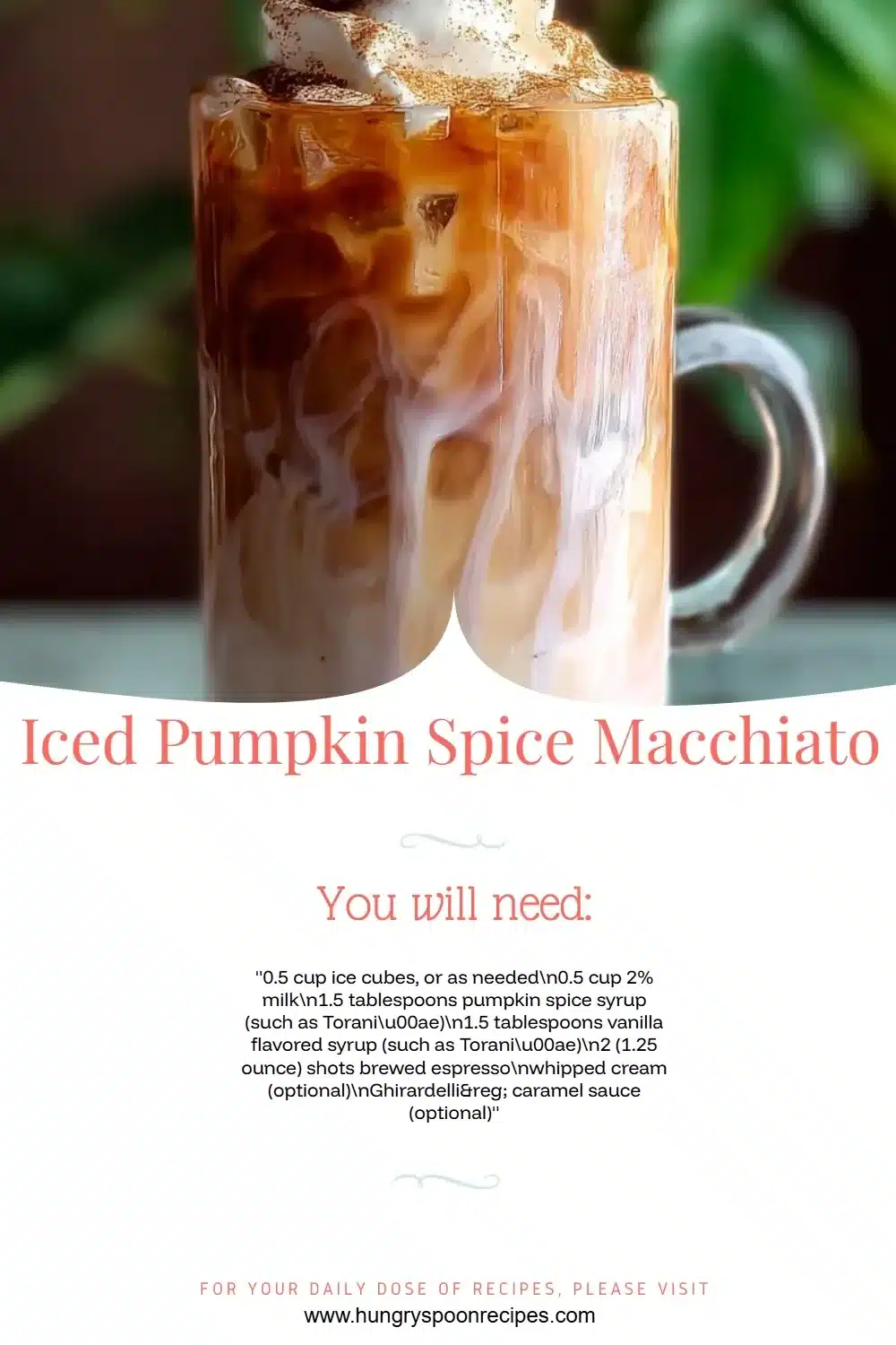 Iced Pumpkin Spice Macchiato 1 Iced Pumpkin Spice Macchiato with espresso, pumpkin, and spice flavors