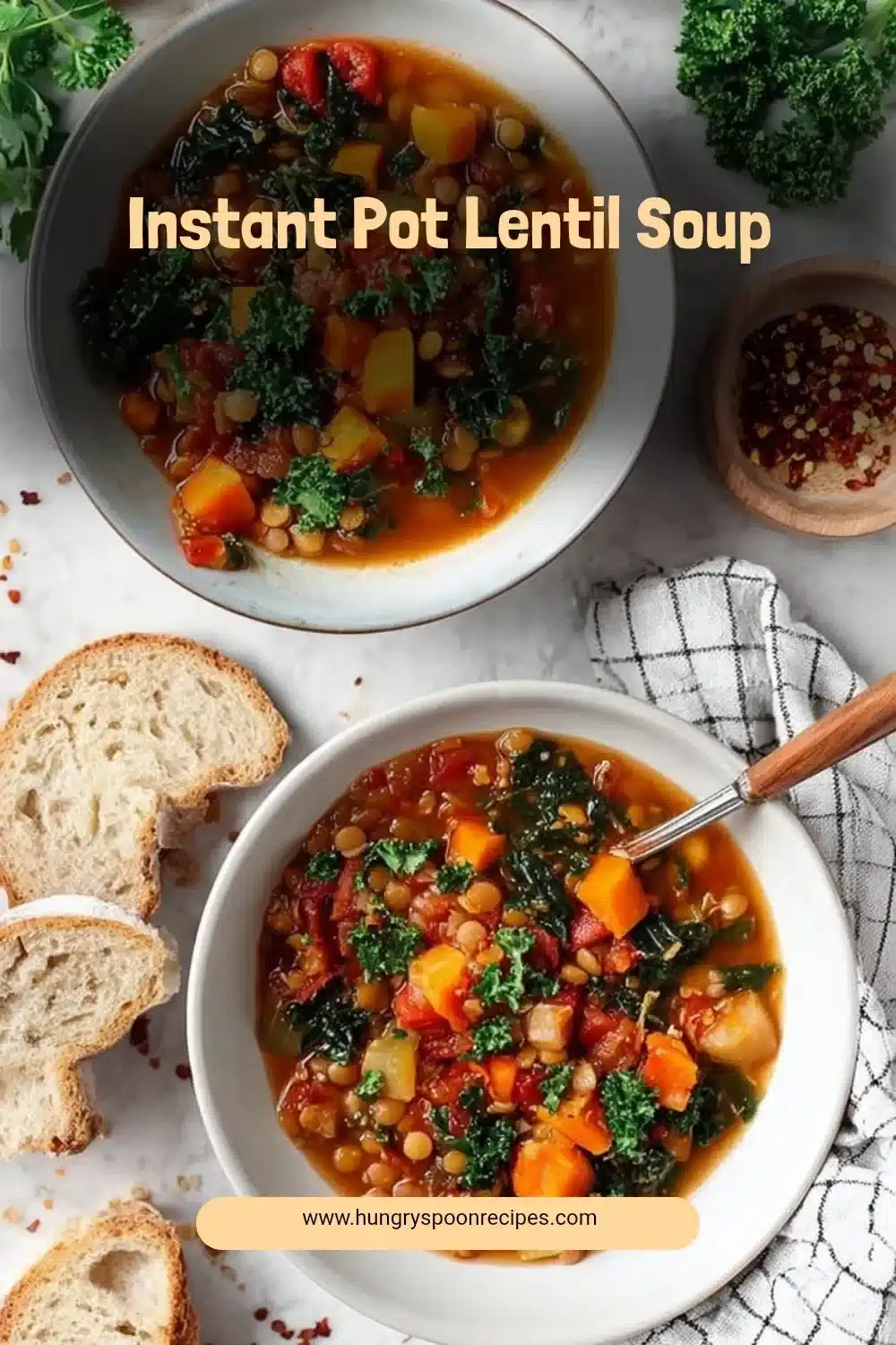 Instant Pot Lentil Soup 1 Bowl of Instant Pot lentil soup garnished with herbs and spices