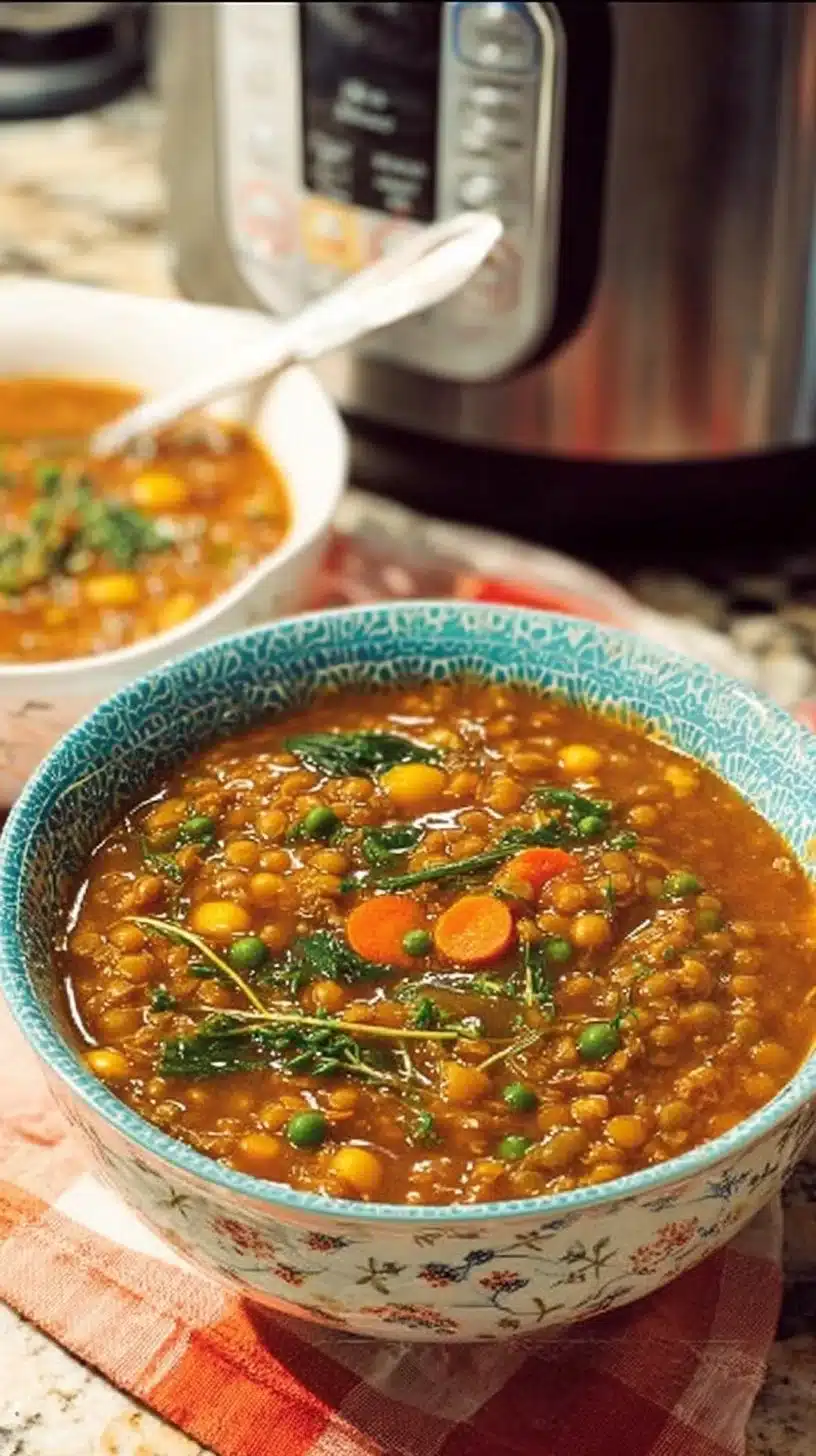 Instant Pot Lentil Soup 1 Bowl of steaming Instant Pot lentil soup with fresh herbs and vegetables