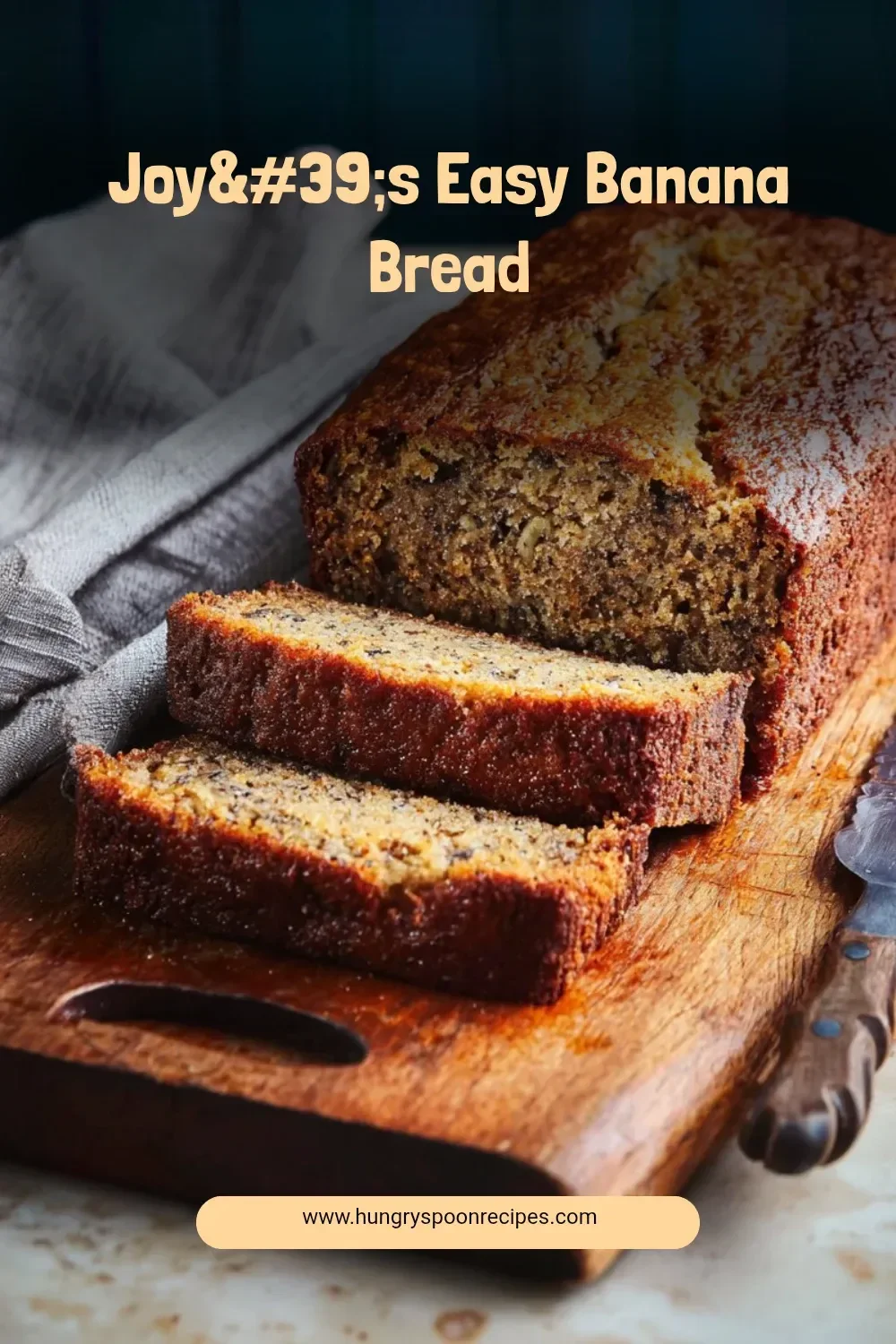 A slice of Joy's easy banana bread on a plate with a banana beside it.