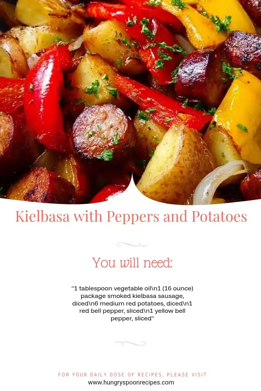 Kielbasa with colorful peppers and tender potatoes in a skillet