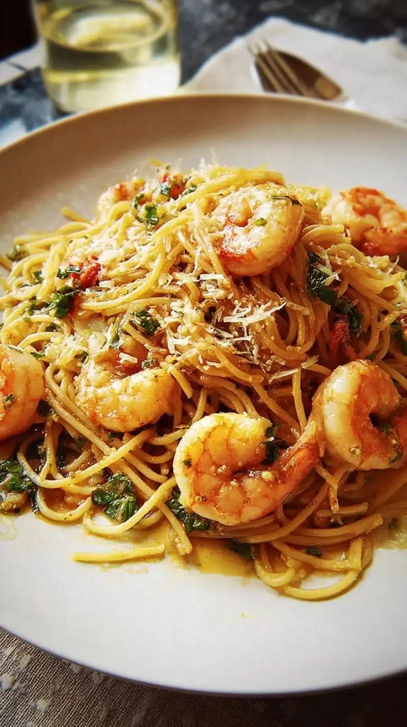 Korean-style Shrimp Scampi Spaghetti 1 Korean-style Shrimp Scampi Spaghetti plated with herbs and garlic sauce