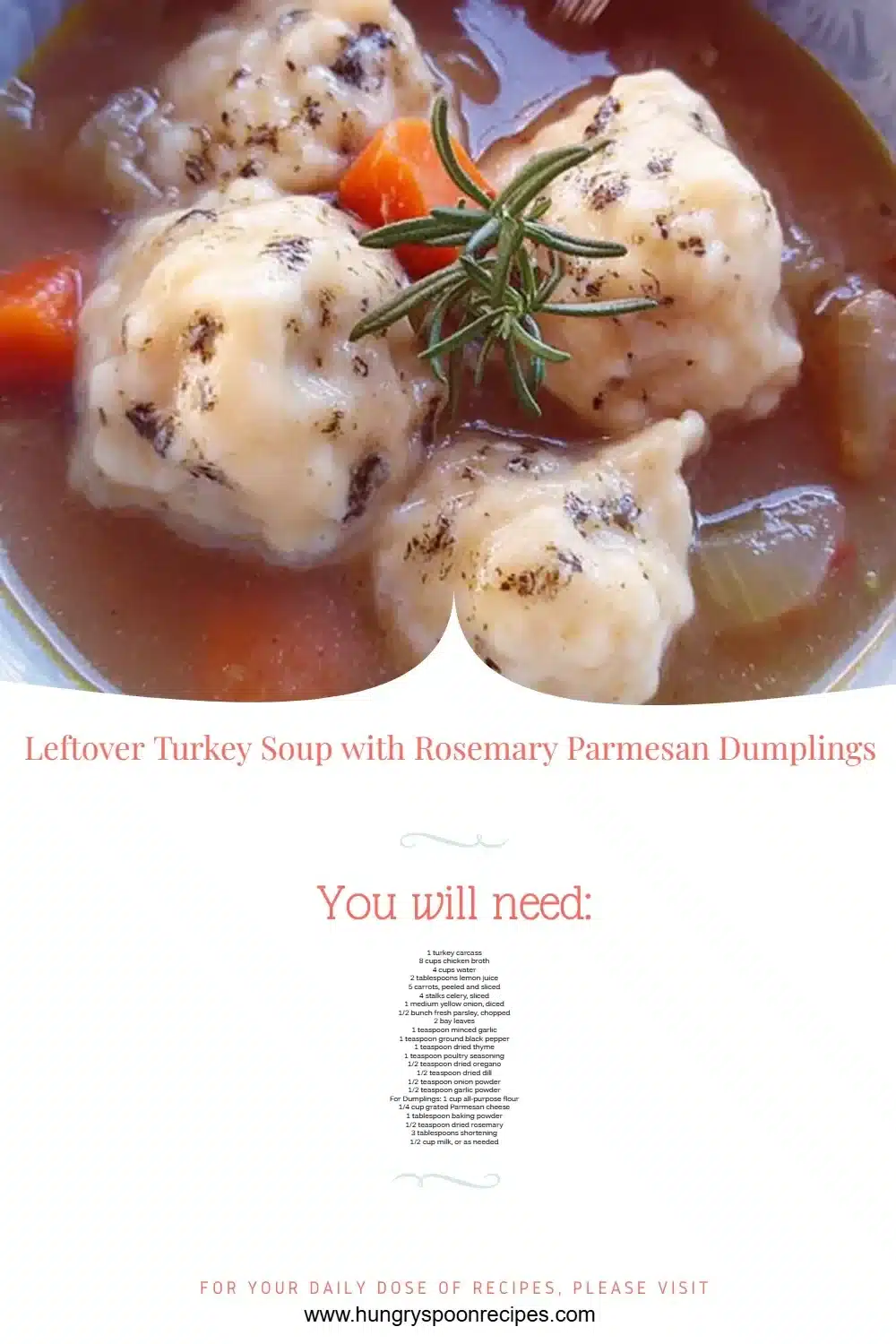 Bowl of leftover turkey soup with rosemary parmesan dumplings ready to serve.
