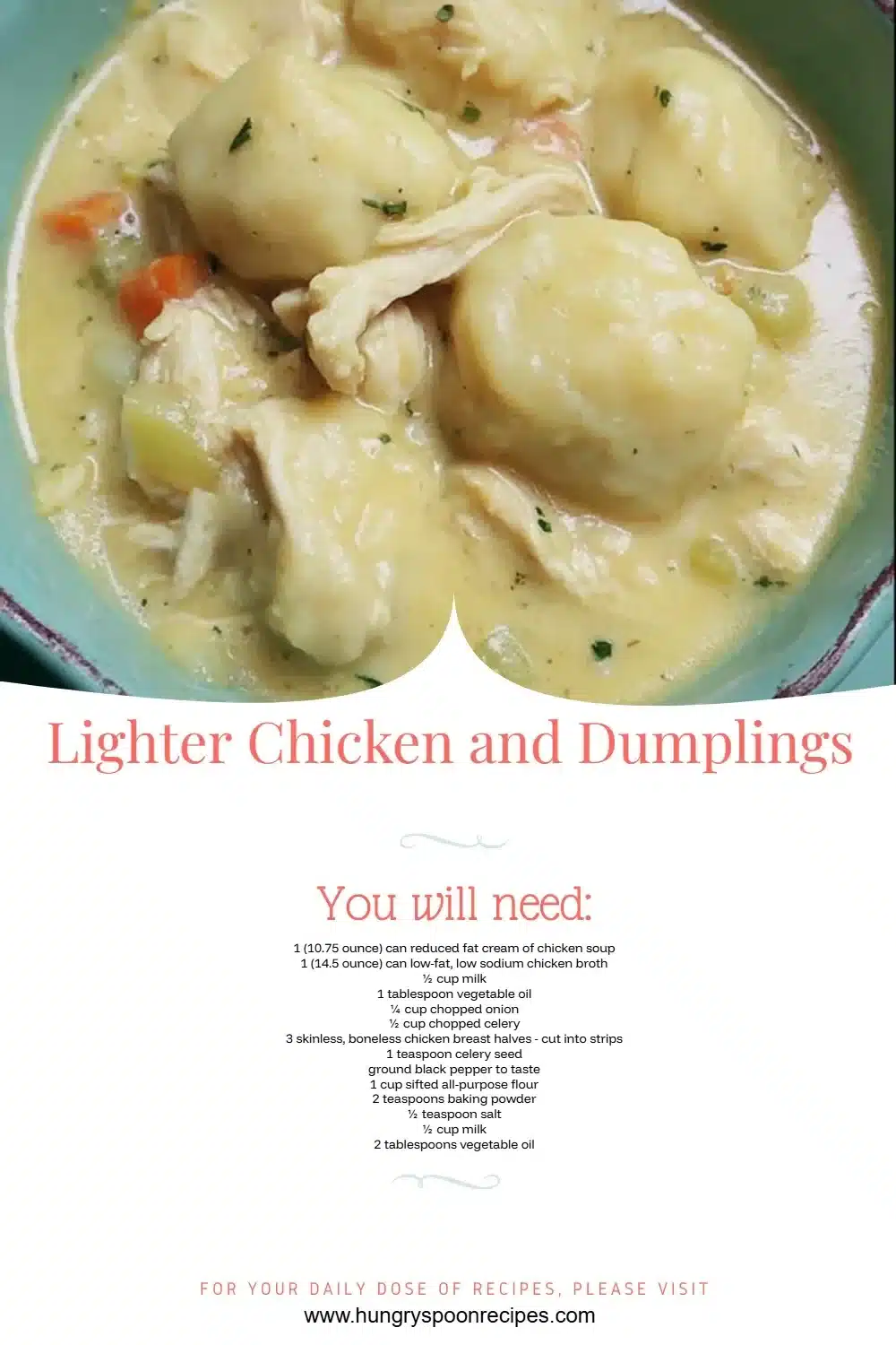 Bowl of lighter chicken and dumplings with fresh herbs and vegetables.