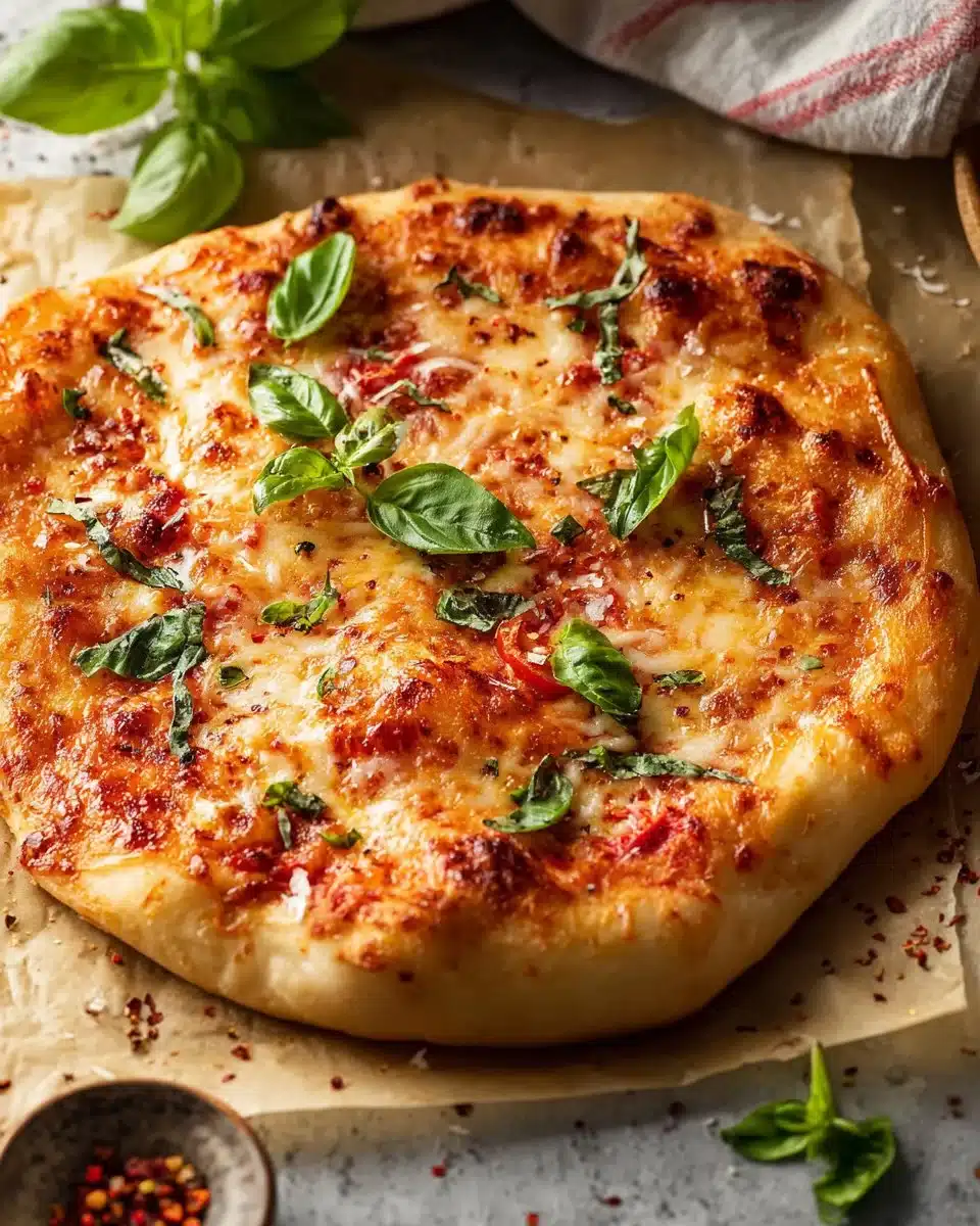 Margherita Pizza 1 Delicious Margherita Pizza topped with fresh basil and mozzarella cheese.