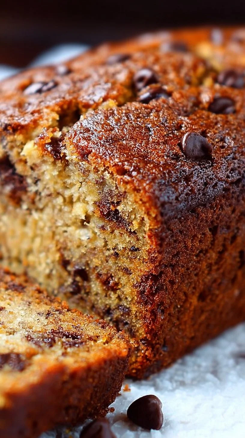 Moist chocolate chip banana bread fresh out of the oven with chocolate chunks
