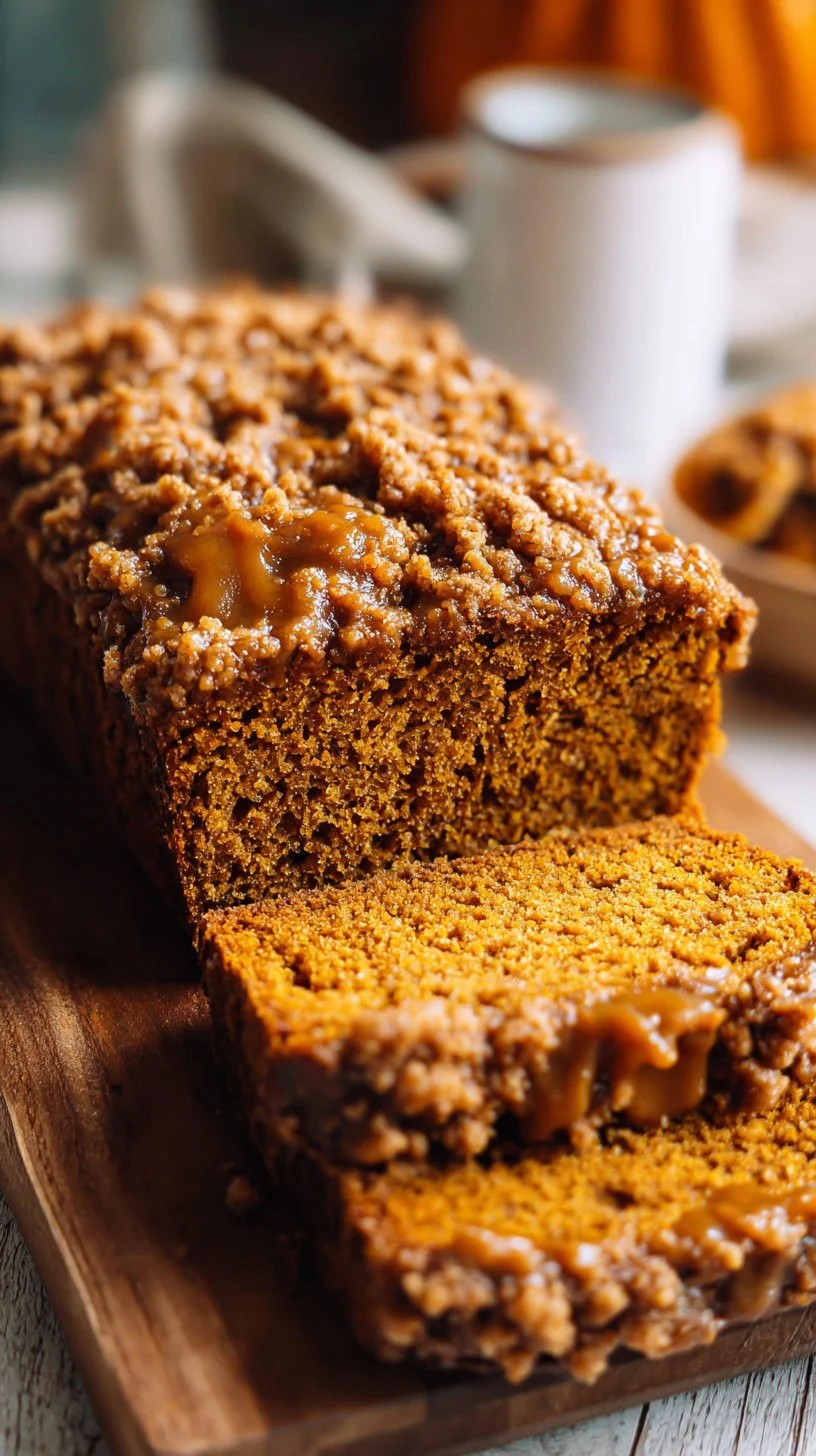 Moist vegan pumpkin bread with a streusel topping served on a plate