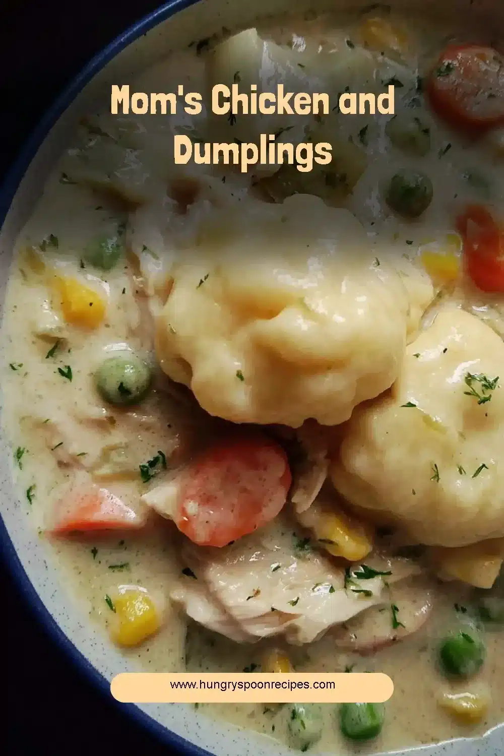 Mom's Chicken and Dumplings 1 Delicious bowl of Mom's Chicken and Dumplings served with herbs.