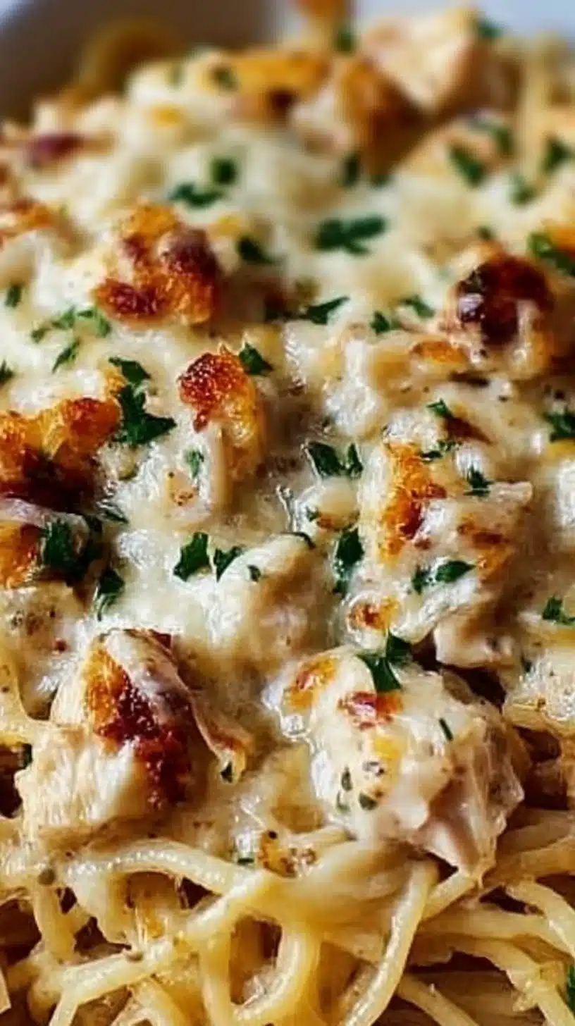 Monterey Chicken Spaghetti Casserole Recipe 1 Delicious Monterey Chicken Spaghetti Casserole topped with cheese and herbs.