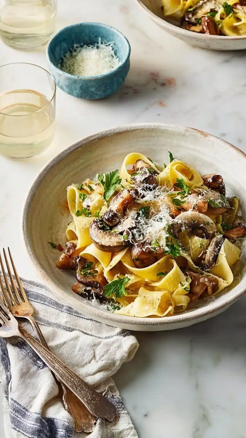 Mushroom Pasta 1 Delicious mushroom pasta dish served in a bowl