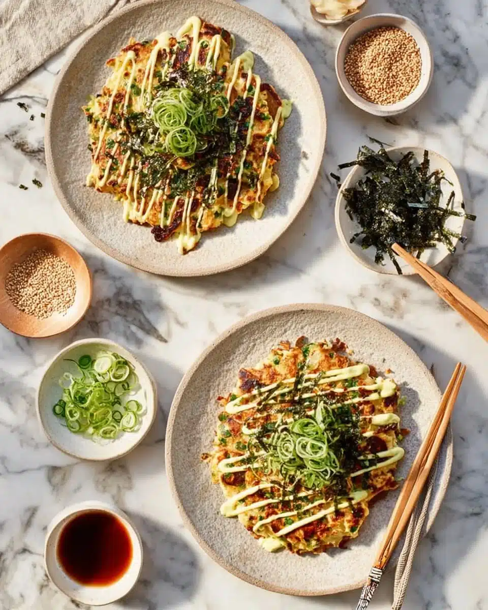 Okonomiyaki 1 A delicious Okonomiyaki topped with sauce, bonito flakes, and green onions.