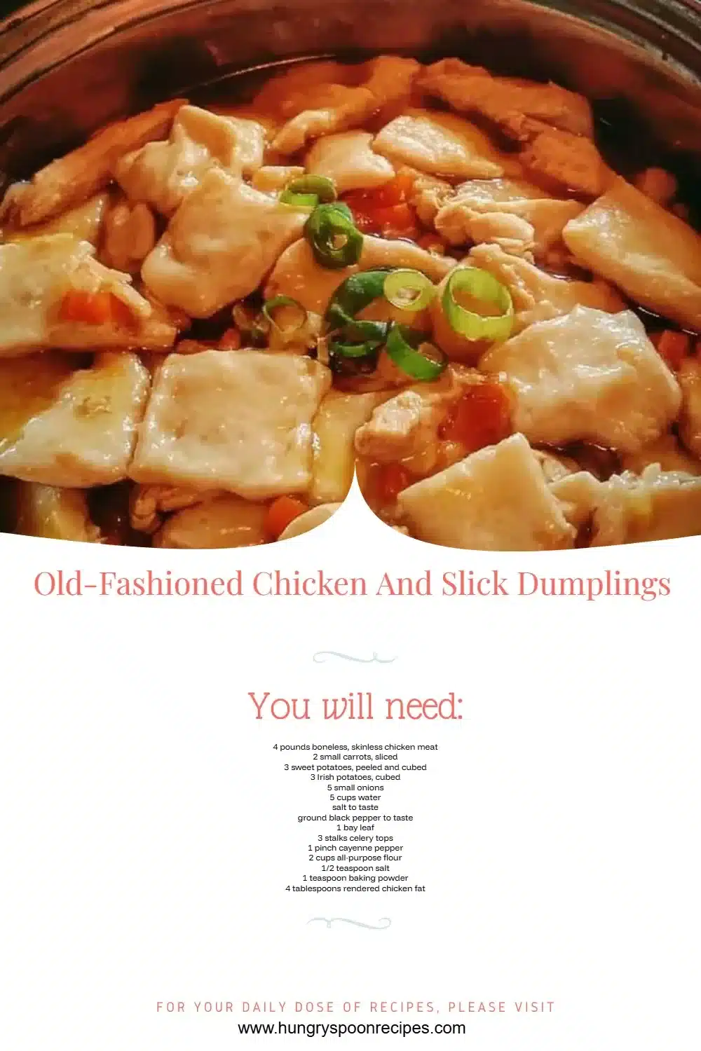 Bowl of old-fashioned chicken and slick dumplings served with herbs