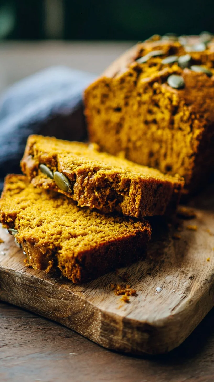 Delicious homemade olive oil pumpkin bread on a wooden table