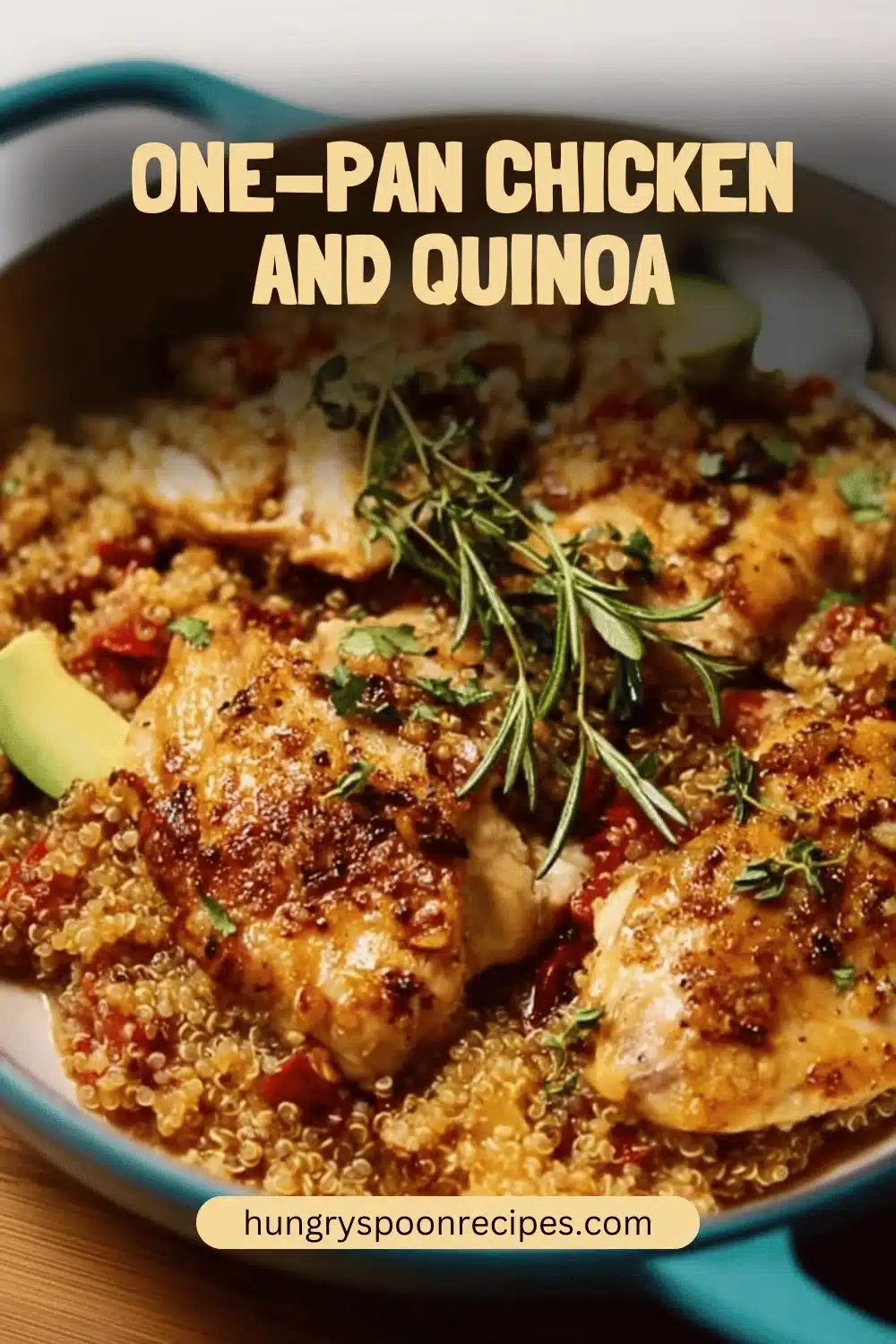 One-Pan Chicken And Quinoa 1 One-Pan Chicken and Quinoa dish garnished with fresh herbs