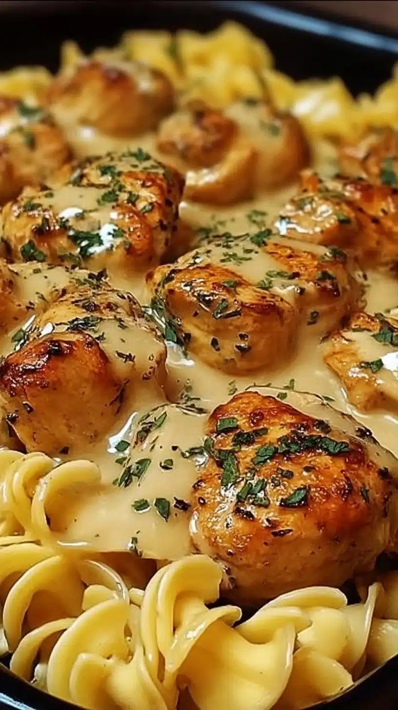 One-Pan Chicken with Buttered Noodles 1 One-Pan Chicken with Buttered Noodles cooked and served in a single skillet.