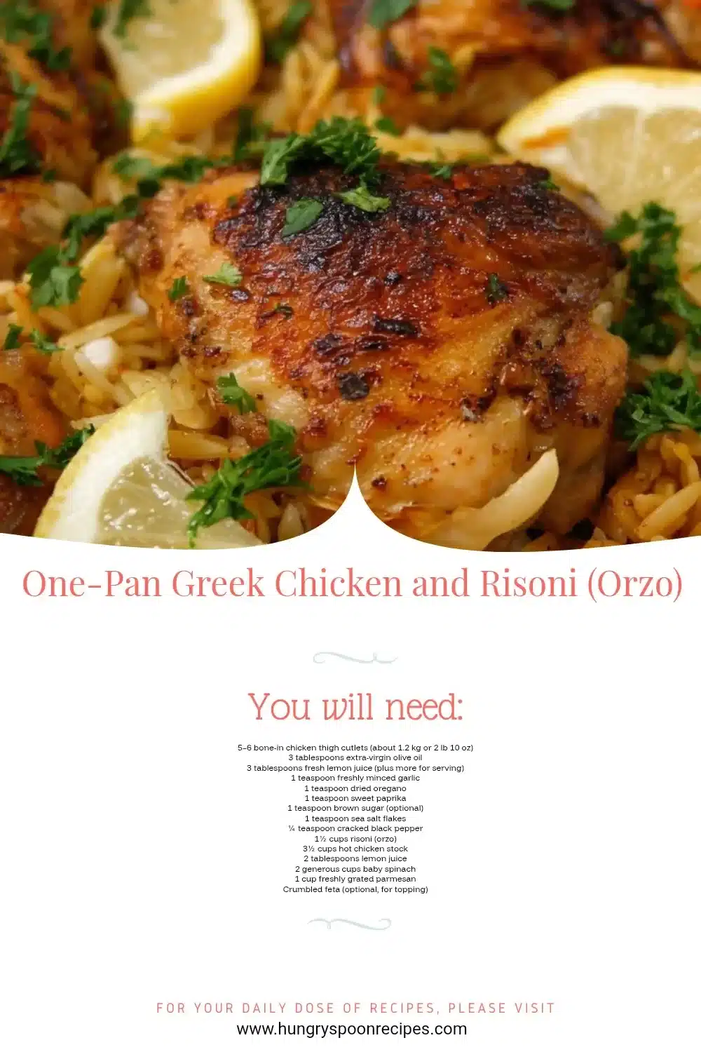 One-Pan Greek Chicken and Risoni (Orzo) 1 One-Pan Greek Chicken with Risoni and fresh herbs in a skillet