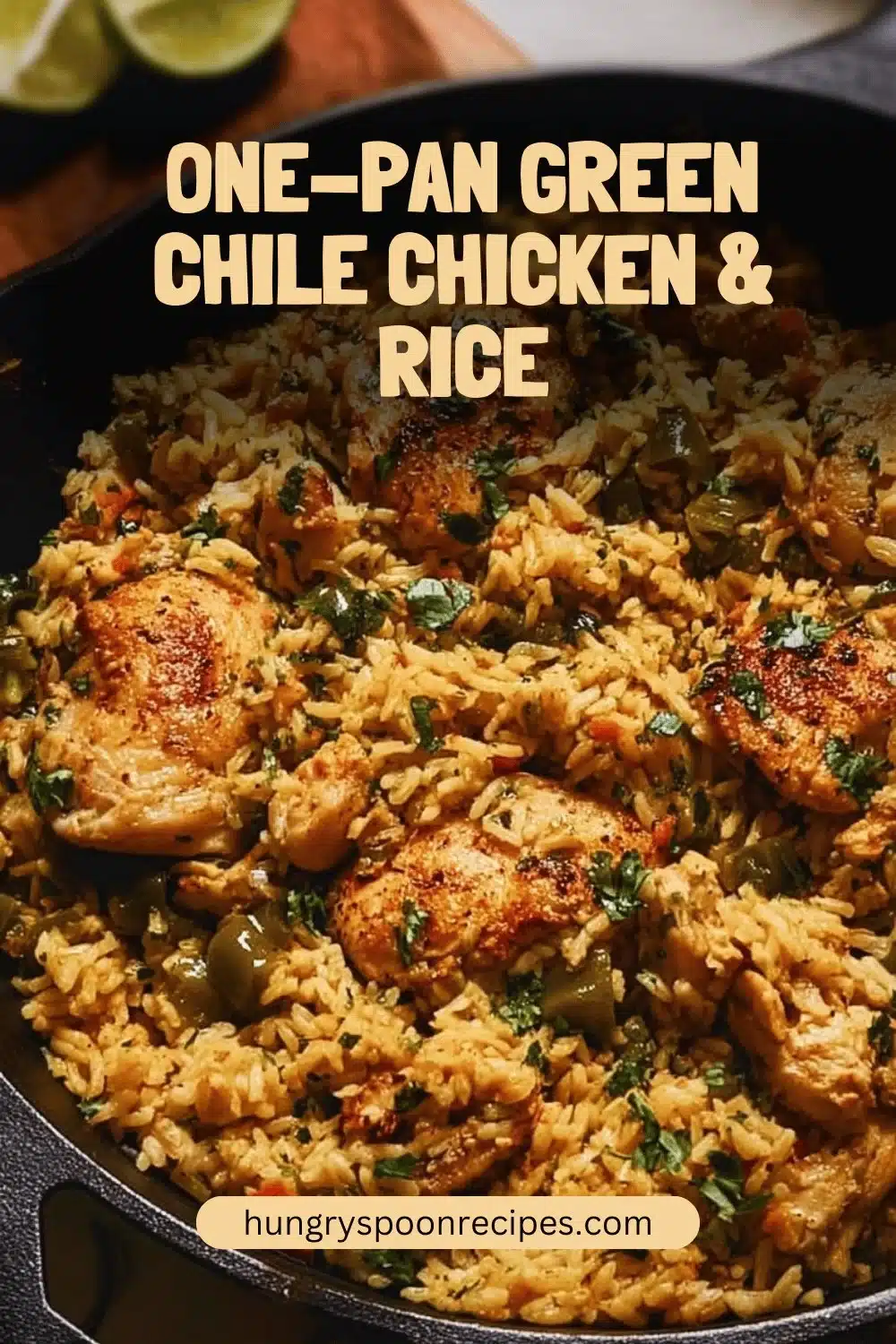 One-Pan Green Chile Chicken & Rice 1 One-Pan Green Chile Chicken and Rice served in a skillet.