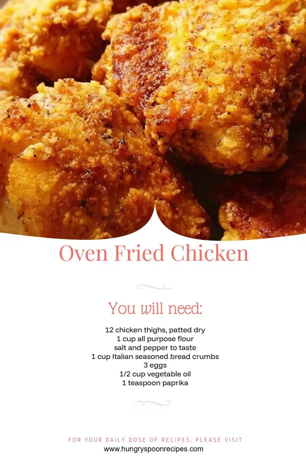 A plate of golden Oven Fried Chicken served with dipping sauce and sides.