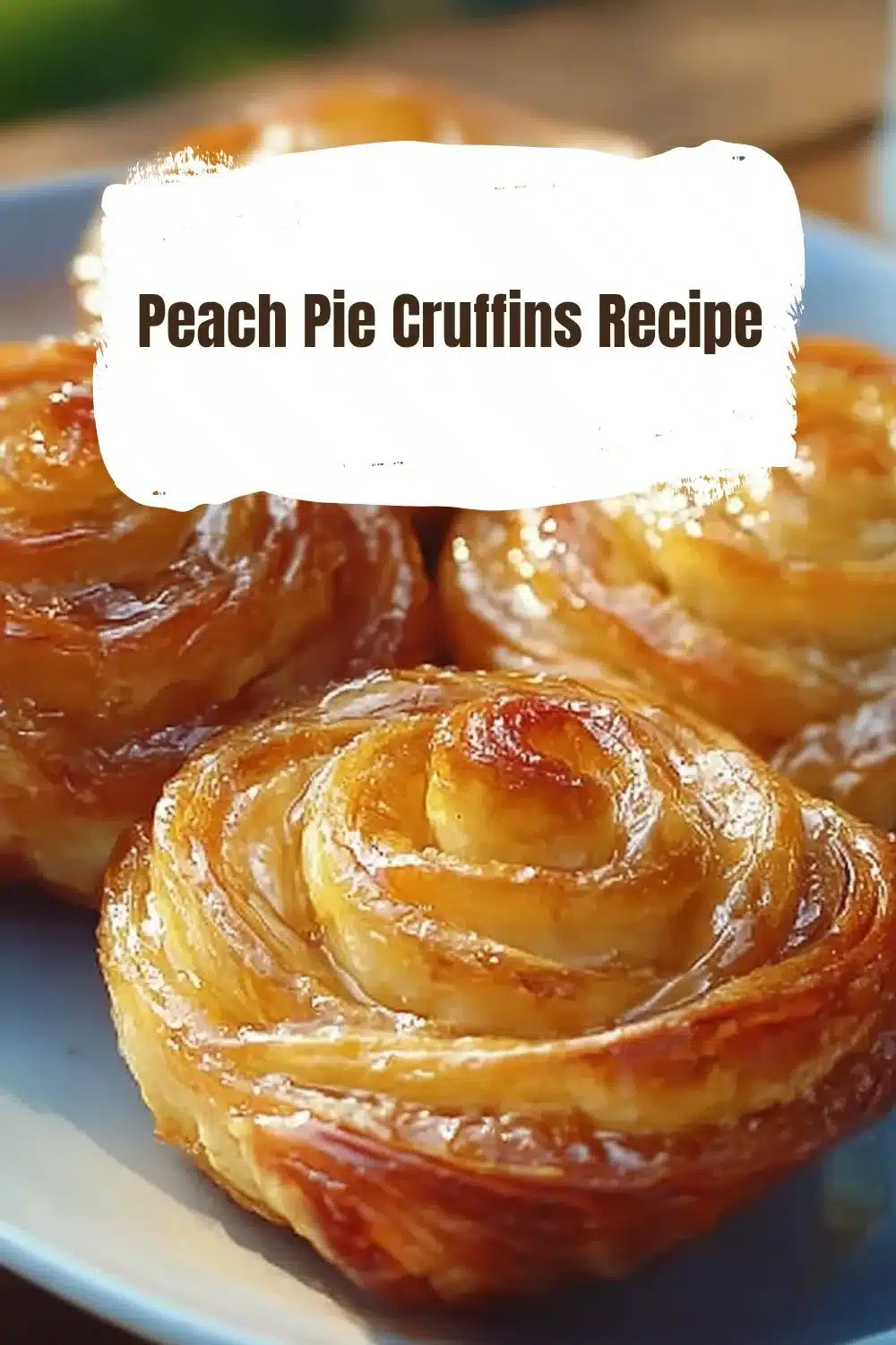 Delicious Peach Pie Cruffins on a rustic wooden table
