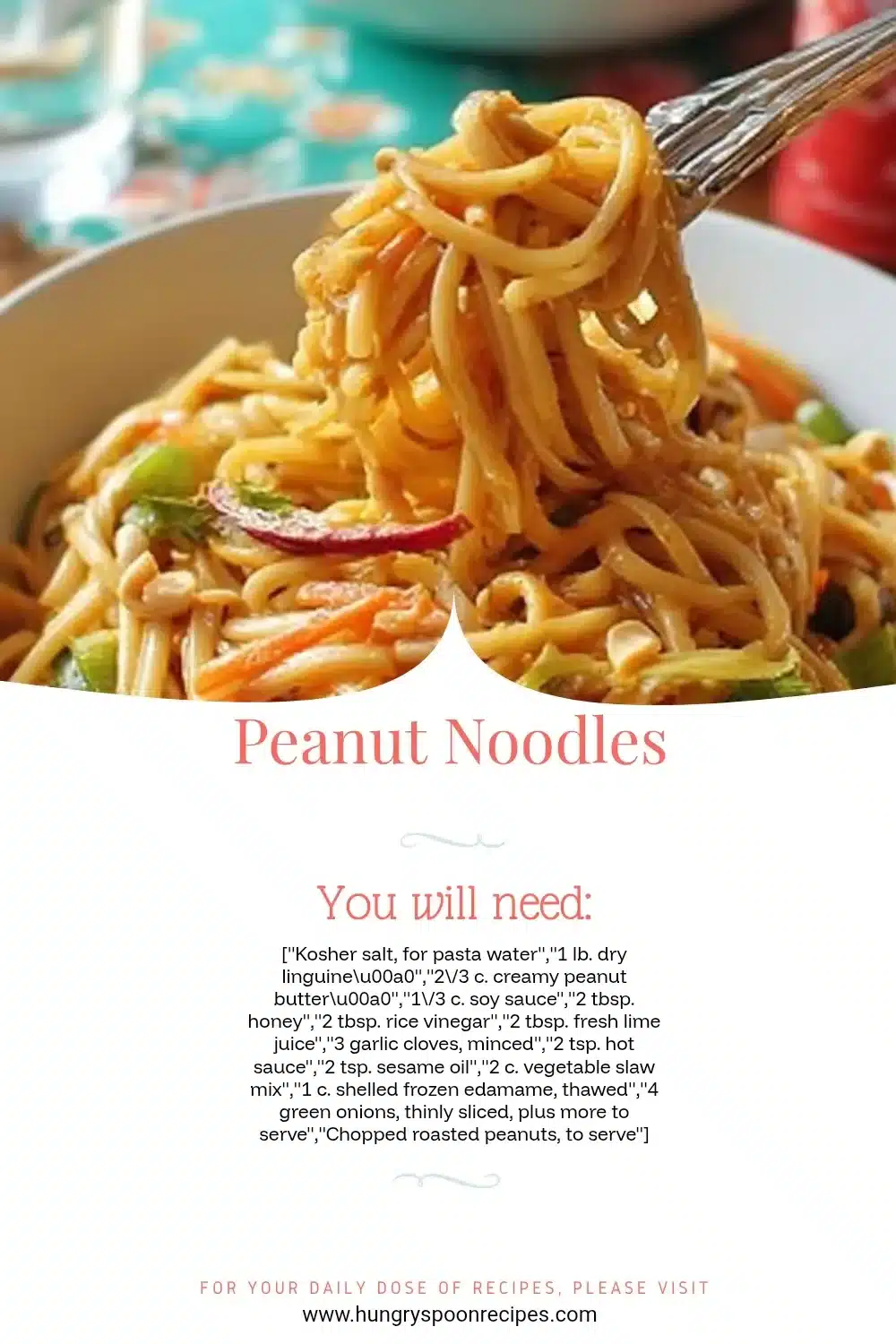 Bowl of creamy peanut noodles garnished with vegetables and peanuts